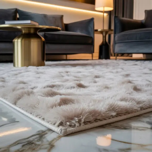 Beige textured rug on a marble floor with modern furniture in the background