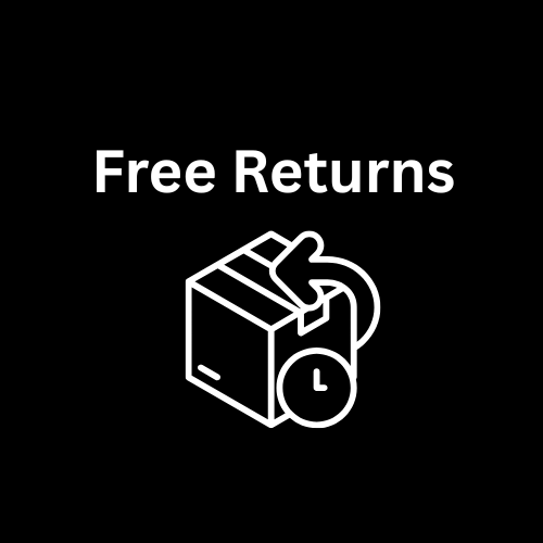 Free returns icon with a box and arrow on a black background