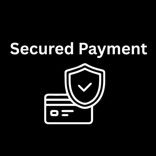 Icon of a credit card with a shield and checkmark, labeled 'Secured Payment' on a black background.